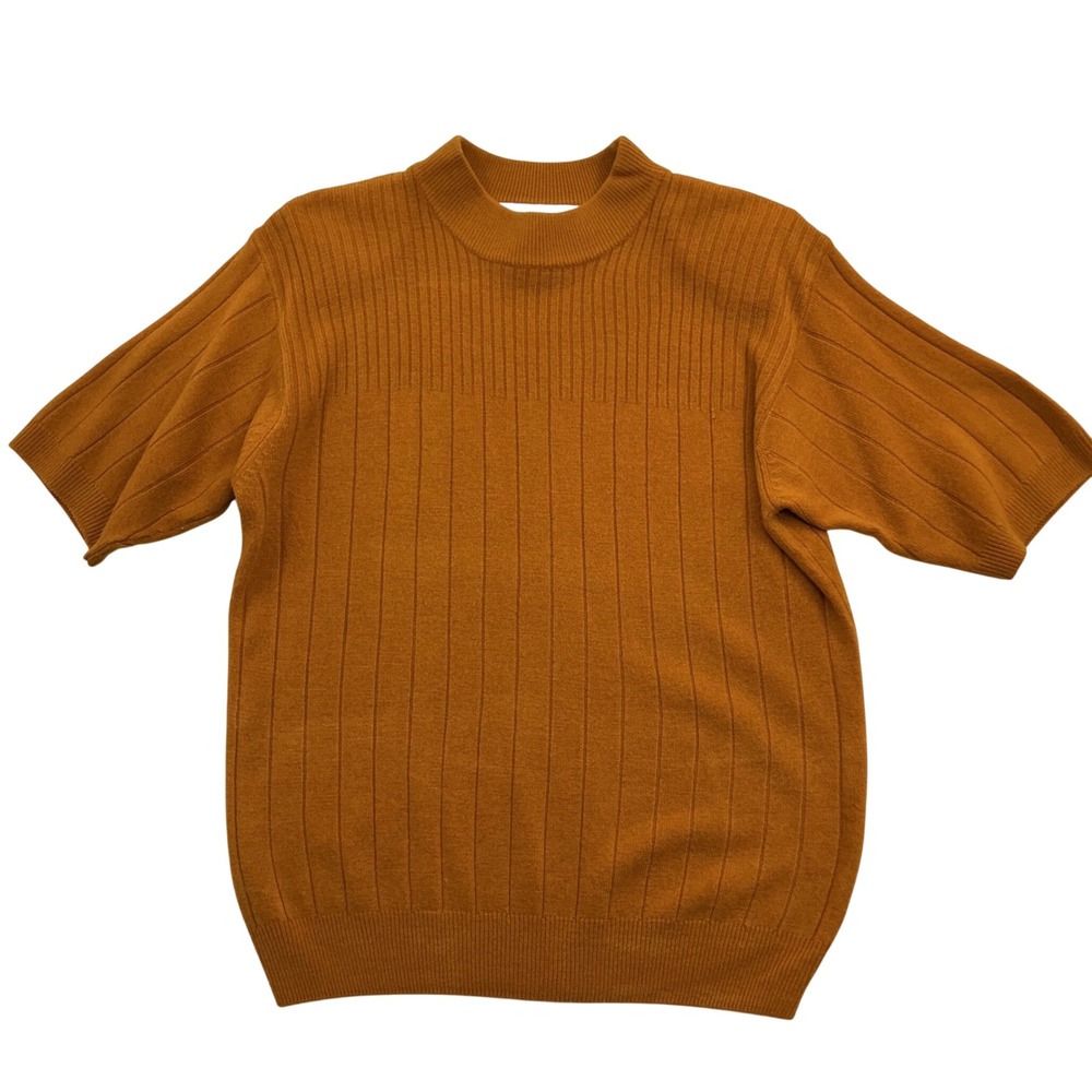 Vintage Norton McNaughton Short Sleeve Knit Sweater M Mustard Mock Neck Top Fall
